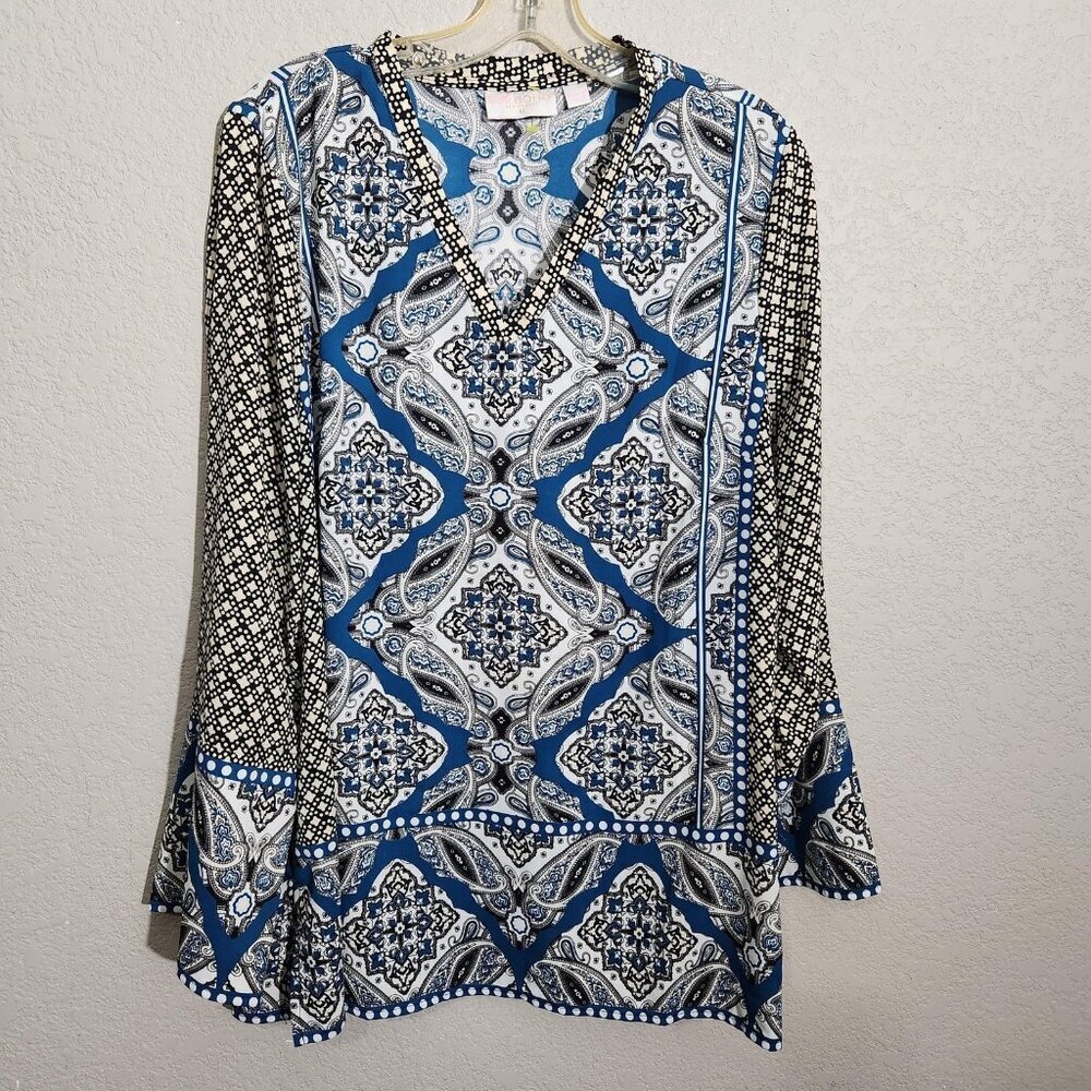 Belle by Kim Gravel Boho Blouse Womens Medium Blue Paisley V-Neck Bell Sleeve